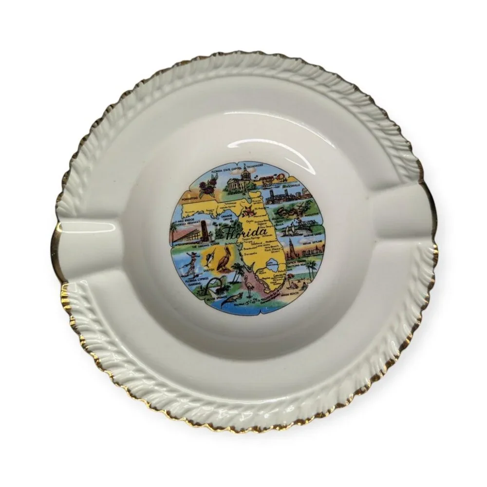 Vintage Ceramic Florida State Souvenir Ash Tray w/Gold Tone Border 5